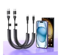 2 Pack CarPlay Multi Coiled 3-in-1 USBA/Type C to USB-C Short Car Cable Combo for Apple iPhone 16 15 Pro Max Plus,4FT Fast Charge &Data Sync Charger Cord for iPhone,iPad Pro,Samsung,Pixel,Android Auto