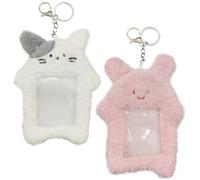 2 PACK Cartoon Plush Photocard Holder, Kawaii White Cat Card Cover with Keychain Cute Photo Protective Sleeve for Credit ID Bank Card Bus Card Student Card ID Badge