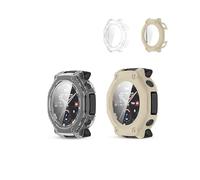 2 Pack,Case for Amazfit T-Rex 3 Pro 48mm,daunke Ultra Slim Full Coverage Hard PC + Tempered Screen Film Proctective Cover,Shockproof,Scratch Resistant,Sturdy and Durable,Transparent+Ivory white