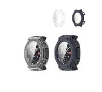 2 Pack,Case for Amazfit T-Rex 3 Pro 48mm,daunke Ultra Slim Full Coverage Hard PC + Tempered Screen Film Proctective Cover,Shockproof,Scratch Resistant,Sturdy and Durable,Blue+Transparent