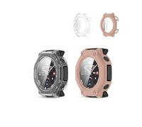 2 Pack,Case for Amazfit T-Rex 3 Pro 48mm,daunke Ultra Slim Full Coverage Hard PC + Tempered Screen Film Proctective Cover,Shockproof,Scratch Resistant,Sturdy and Durable,Transparent+Pink