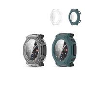 2 Pack,Case for Amazfit T-Rex 3 Pro 48mm,daunke Ultra Slim Full Coverage Hard PC + Tempered Screen Film Proctective Cover,Shockproof,Scratch Resistant,Sturdy and Durable,Transparent+Green