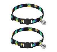 2 Pack Cat Collars Neon Pineapples Rainbow Black Dog Bell Collar, Adjustable Length 10.6" to 17.1"