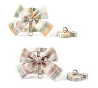 2 Pack Cat Harness and Leash Set, Bow Knot Grid Pattern Soft Adjustable Escape Proof Vest, Lightweight Pet Walking Kit for Kitten Small Puppy (Apricot & Light Brown Plaid, M)