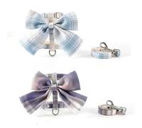 2 Pack Cat Harness and Leash Set, Bow Knot Grid Pattern Soft Adjustable Escape Proof Vest, Lightweight Pet Walking Kit for Kitten Small Puppy (Lavender & Dusty Blue Plaid, S)