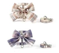 2 Pack Cat Harness and Leash Set, Bow Knot Grid Pattern Soft Adjustable Escape Proof Vest, Lightweight Pet Walking Kit for Kitten Small Puppy (Lavender & Light Brown Plaid, S)