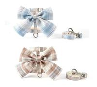 2 Pack Cat Harness and Leash Set, Bow Knot Grid Pattern Soft Adjustable Escape Proof Vest, Lightweight Pet Walking Kit for Kitten Small Puppy (Dusty Blue & Light Brown Plaid, S)