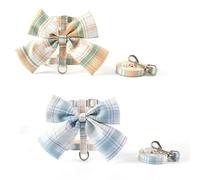 2 Pack Cat Harness and Leash Set, Bow Knot Grid Pattern Soft Adjustable Escape Proof Vest, Lightweight Pet Walking Kit for Kitten Small Puppy (Apricot & Dusty Blue Plaid, M)
