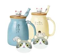 2 Pack Cat Mugs Cute Ceramic Coffee Cups Set of 2 with Kawaii Bamboo Lid and Spoon Novelty Morning Cup Coffee Milk Tea Mugs - 3D Animal cat Mugs for Cat Lovers Women Gifts (Blue and Yellow)