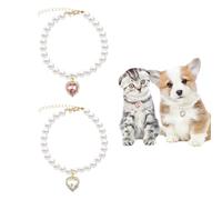 2 Pack Cat Pearl Necklace Exquisite Cat Dog Pearl Collar with Heart Rhinestone Adjustable Collar for Pet Jewelry Accessories(White, Pink)