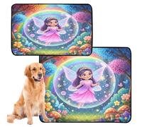 2 Pack Cat Pet Mat Dog Pee Pads Extra Large Washable Anti Slip Floor Mat for Indoor 24x36in＋36x42in Enchanted Safari Fairy Princess Print