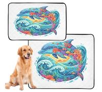 2 Pack Cat Pet Mat Washable Dog Pee Pads Anti Slip Rug for Floor 24x36in＋36x42in Dolphin Ocean Collage