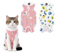 2 Pack Cat Recovery Suit, Cute Cartoon Printed, Adjustable Back Velcro Cat Onesie Post Surgery, Anti-Licking Wound Protection Cotton Vest for Spay Female Cats, Kittens Skin Care (L, Alpaca + Elephant)