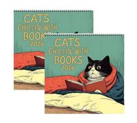 2 Pack Cats Chillin' with Books 2026 Wall Calendar - 12 Months Cat Themed Wall Calendar, Full-Color Illustrations, Spiral-Bound, Quirky Home Decor Bookish Gi-fts for Book Lover and Cat Lovers