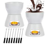 2 Pack Ceramic Chocolate Fondue Pot Set, Cheese Melting Fondue Pot with 8 Stainless Steel Forks, Ceramic Butter Warmer for Home, Birthday, Party, Picnics - 400ml, White