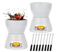 2 Pack Ceramic Chocolate Fondue Set, Cheese Melting Hot Pot with 8 Stainless Steel Forks, 400ml Butter Warmer for Party, Home, Birthday, Picnics - White
