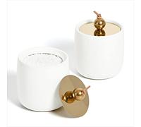 2 Pack Ceramic Qtip Holder Dispenser with Gold Lids, White Apothecary Jars Bathroom Vanity Organizer for Home Decor - Bathroom Canister for Cotton Swabs, Rounds, Balls, Makeup Sponges, Bath Salts