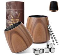 2 Pack Charred Wooden Whiskey Glasses-Handcrafted Acacia Wood Bourbon Tumblers with Burnt Interior, 6 Whiskey Stones & 1 Stainless Steel Ice Tongs | Perfect Bourbon Gifts for Men