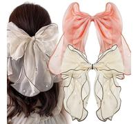 2 PACK Chiffon Bow Hair Clips, Bowknot Pearl Barrettes, Snap Hair Clasps, Tulle Hair Styling Accessories for Women Girls (White + Pink)