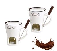 2 Pack Chocolate Fondue Mug, Chocolate Melting Cup with Forks, Ceramic Butter Warmers Pot Set, Light Candle Fondue Melter Set for Sauce Cheese Dessert Candy Caramel Appetizer Bread Family Party Dinner