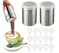 2 Pack Chocolate Powder Shaker for Cappuccino, Icing Sugar Shaker Duster, Chocolate Sprinkler, Stainless Steel Mesh Powdered Coffee Duster with 16 Coffee Stencils, Perfect for Cocoa, DIY Coffee