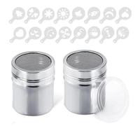 2 Pack Chocolate Powder Shaker, Stainless Steel Coffee Sprinkles Powder Set with Fine-Mesh Lid, Cocoa Cinnamon Powder Flour Can with 16 Coffee Stencils for DIY Coffee,Icing Sugar Cocoa Flour-Silvery