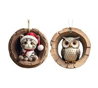 2 Pack Christmas Animals Ornaments - Cute Christmas Tree Pendants, 2D Flat Animals Rustic Seasonal Decoration | Owl, Kitten Wildlife in the Tree Holes Ornaments for Home, Ceiling, Bookshelf, Rearview