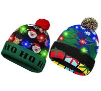 2 Pack Christmas Beanie Hat Fun LED Light-Up Holiday Beanie Adults & Kids Warm Christmas Bobble Hat, Elf Hats for Adults, Baby Xmas Party Hats, Gifts & Festive Fun (Ho Ho Santa + Christmas tree)