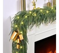 2 Pack Christmas Garland, 9Ft Real Touch Norfolk Pine Garland with Lights, Christmas Cedar Garland for Mantle Table Front Door Xmas Holiday Indoor Outdoor Decorations