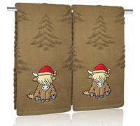 2 Pack Christmas Highland Cow Hand Towels 100% Cotton Jacquard Christmas tree Embroidered holiday Kitchen dish Towels Retro Neutral Brown Bathroom Towels Set gift Seasonal Xmas Winter Bathroom Decor