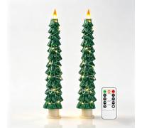 2 Pack Christmas LED Taper Candles, Green Xmas Tree Shaped Candlesticks with Surrounding Copper String Lights, Upgraded Realistic Flame Effect, Remote Control Operated for Home Holiday Xmas Decor