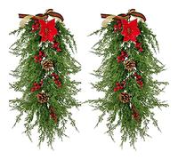 2 Pack Christmas Swags 65cm Artificial Christmas Teardrop Door Swags with Red Berries Pine cones,Xams Hanging Winter Ornaments, Front Door Wall Mount Decor Home Door Wreaths Outdoor
