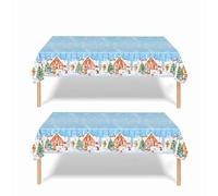 2 Pack Christmas Table Cloth, 137x274cm Rectangle Large Plastic Tablecloth Blue Gingerbread Man Party Tableware Decor, Xmas Tablecovers for Winter Holiday Dinner Table Cloths