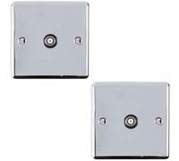 2 Pack Chrome Single Aerial Coaxial Socket Female Wall Plate Black Trim