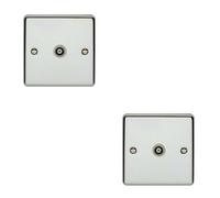 2 Pack Chrome Single Aerial Coaxial Socket Female Wall Plate White Trim