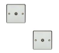 2 PACK CHROME Single Aerial Coaxial Socket Female Wall Plate White Trim