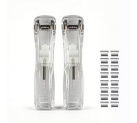 2 Pack Clam Clip Dispenser with 100 Reusable Clips, Handheld Push Clip Stapler and Paper Fastener, Portable Desktop Binder Clamp Machine for Office, School and Document Organisation (2 Clear)