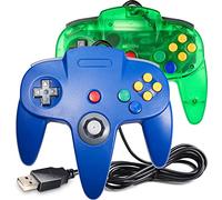 2 Pack Classic N64 Controller, miadore N64 Wired USB PC Game pad Joystick, N64 Bit USB Wired Game Stick Joy pad Controller for Windows PC MAC Linux Raspberry Pi 3 Sega Genesis (Clear Green/Blue)