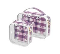 2 Pack clear Cute Cartoon Purple Plaid Pandas toiletry bag small TSA approved reusable large cosmetic bag travel essential, cute cartoon purple plaid pandas, cute cartoon purple plaid pandas