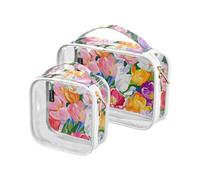 2 Pack Clear Decorative Hanging Toiletry Bag TSA Approved Color Oil Painting Sense Flowers Waterproof Cosmetic Travel Bags for Women Airport Airline Compliant maquillaje
