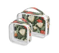 2 Pack Clear Decorative Makeup and Toiletry TSA Approved Red White Tulipa Beauty Summer Flowers Multifunctional Cosmetic Bags for Women Travel Set Shaving Essentials Bolsa de maquillaje