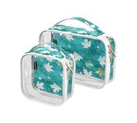 2 Pack Clear Decorative Mens Toiletry Travel Bag TSA Approved Watercolor White Yellow Maple Leaves Turquoise Transparent Makeup Bag Travel Shaving Essentials Bolsa de almacenamiento