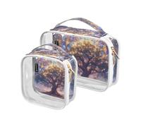 2 Pack Clear Decorative Small Toiletry Bag TSA Approved Mystic Tarro Purple Astrology Transparent Bags for Women Travel Essential para maquillaje