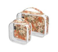 2 Pack Clear Decorative Toiletry Bag for Women TSA Approved Vintage Lily Flowers Orange Japanese Woodblock Prints Portable Clear Cosmetic Bag Travel Essential Bolsa de maquillaje
