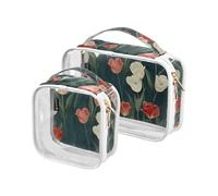 2 Pack Clear Decorative Toiletry Bag Men TSA Approved Mysterious Flower Tulipa Red White Waterproof Small Makeup Bag Airport Airline Compliant maquillaje