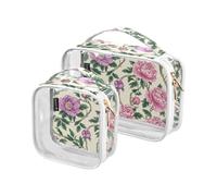 2 Pack Clear Decorative Toiletry Bags for Traveling Women TSA Approved Vintage Pink Flowers Green Leaves William Morris Style Transparent Travel Makeup Bag Men’s Shaving kit para maquillaje