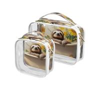 2 Pack clear Sweet Sloth Retro Bathtub small toiletry bag TSA approved transparent travel makeup bag shaving essentials, sweet Sloth Retro bathtub, sweet Sloth Retro bathtub