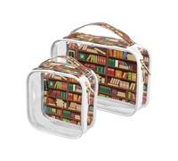 2 Pack Clear Travel Makeup Cosmetic Toiletry Bag Bookshelf Book for Women Men Girls, Education Library Cosmetic Wash Organizer Bag for Travel Essentials