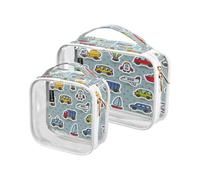 2 Pack Clear Travel Makeup Cosmetic Toiletry Bag Cute Airplane Tram for Women Men Girls, Cartoon Trolleybus Cosmetic Wash Organizer Bag for Travel Essentials