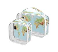 2 Pack Clear Travel Makeup Cosmetic Toiletry Bag Physical World Map for Women Men Girls, Education Cosmetic Wash Organizer Bag for Travel Essentials